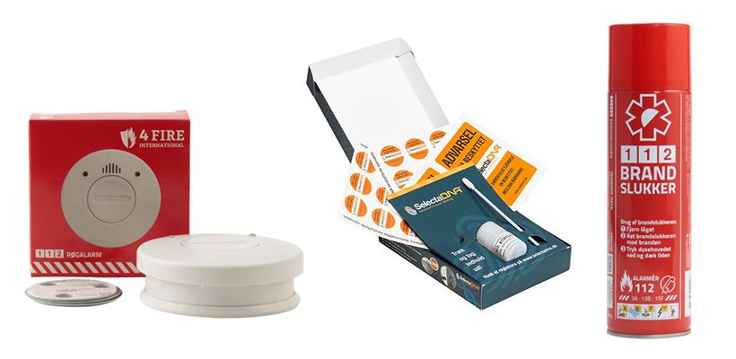 Røgalarm, brandslukker og dna-kit