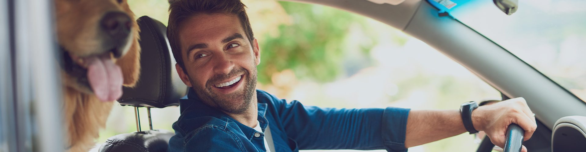 Mand i bil med hund