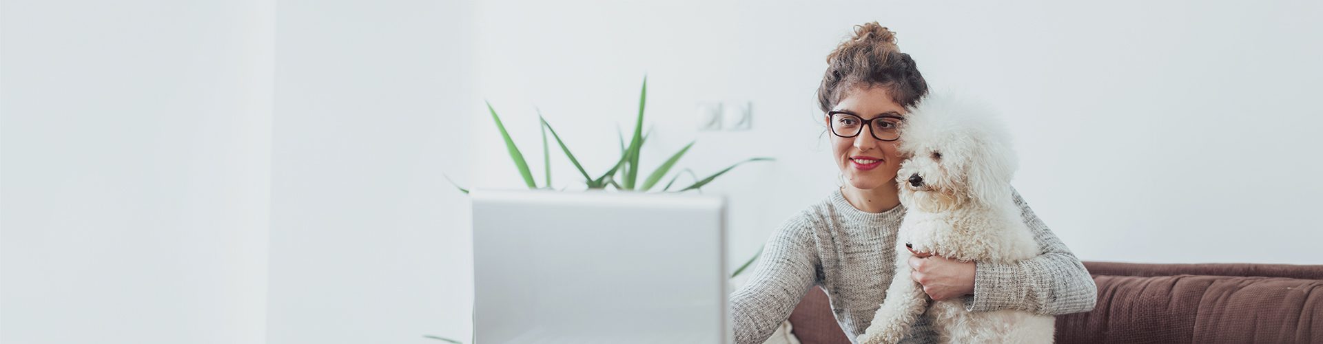 Kvinde og hund foran computer i sofa
